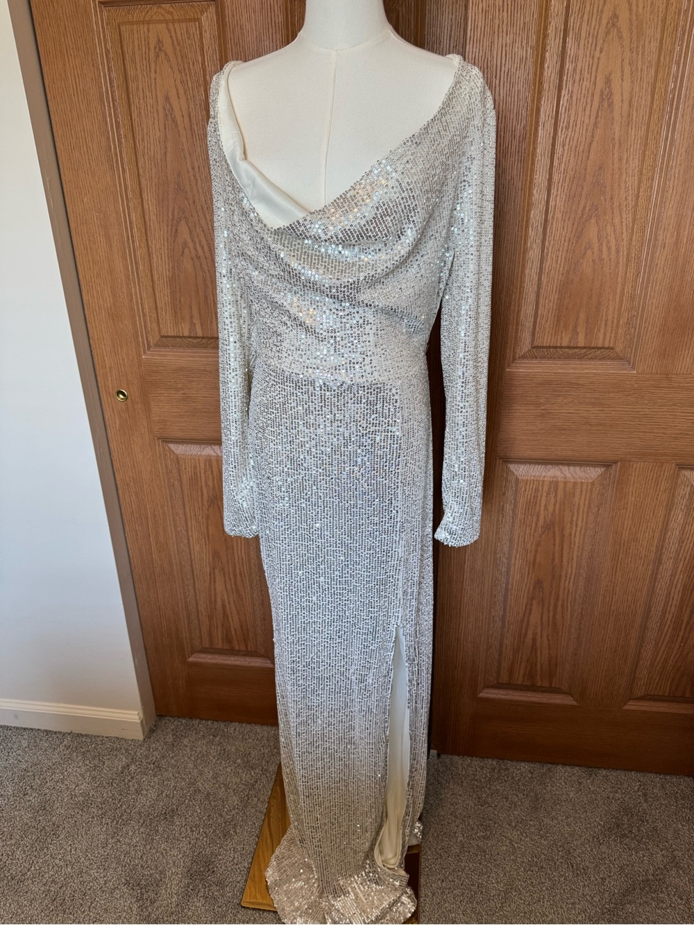 Baltic Born Silver Sequin Draped Neck Long Sleeve Evening Gown